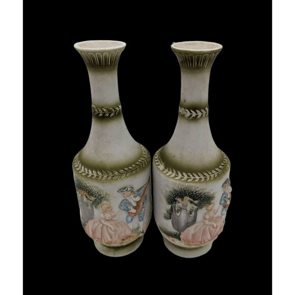 Vintage Embassy Fine China Bisque Relief Vases Pair 9" Japan Ornate Design - Picture 3 of 7